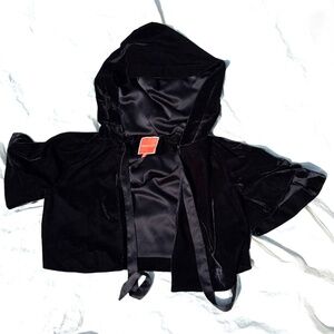 ModCloth velvet crop hooded cape S, short sleeve, bolero, tie front, black, hood